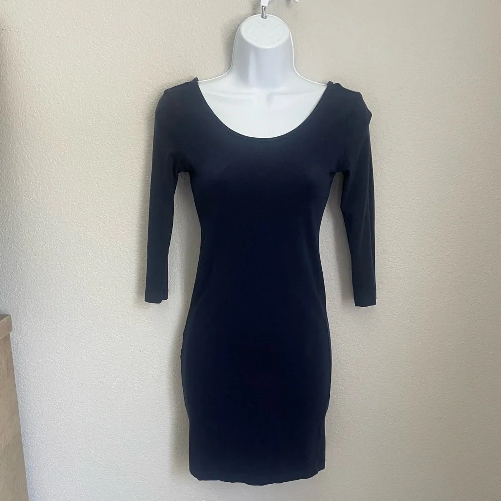 Forever 21 Navy Blue Bodycon Mini Dress Scoop  3/4 Sleeve Stretchy Cotton Blend - Picture 7 of 8